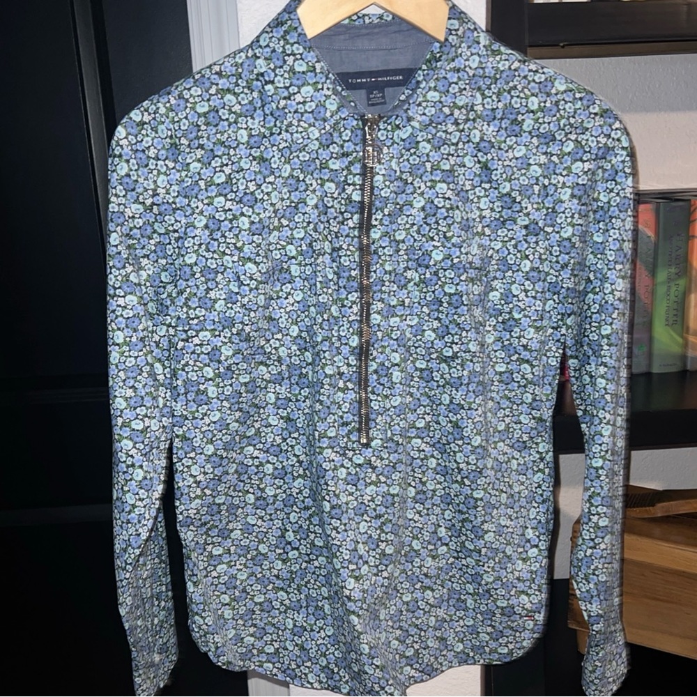 Tommy Hilfiger Women Blouse Floral Blue Roll Tab Sleeves Zipper Summer Size XS